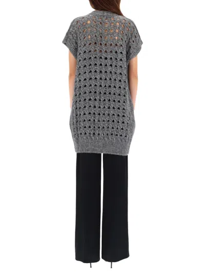 Herno Long Openwork Cardigan With V-neck And Ribbed Edges In Gray