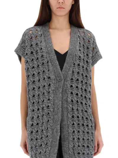 Herno Long Openwork Cardigan With V-neck And Ribbed Edges In Gray