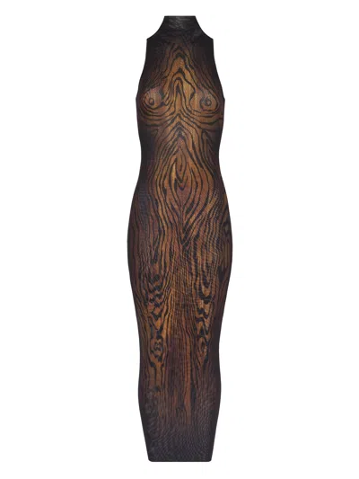 Jean Paul Gaultier Long Dress In Multicolor Mesh With High Neck And Sleeveless Design In Brown