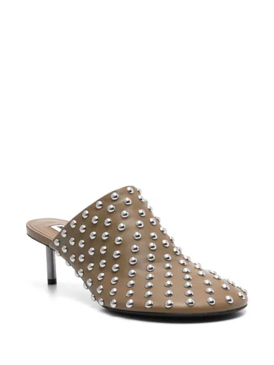 Jil Sander Stiletto Heel Leather Mules Studded Design In Brown