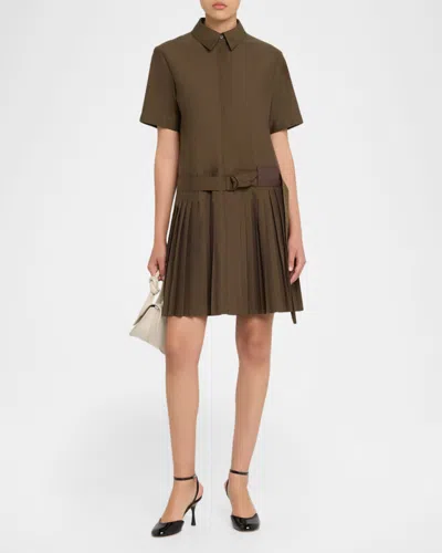 Loewe Womens Khaki Green Pleated Short-sleeve Cotton Blend Mini Dress