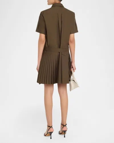 Loewe Womens Khaki Green Pleated Short-sleeve Cotton Blend Mini Dress