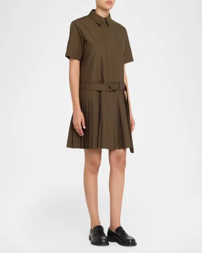 Loewe Womens Khaki Green Pleated Short-sleeve Cotton Blend Mini Dress