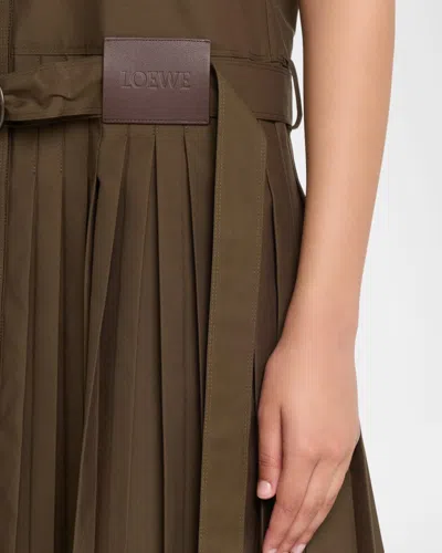 Loewe Womens Khaki Green Pleated Short-sleeve Cotton Blend Mini Dress