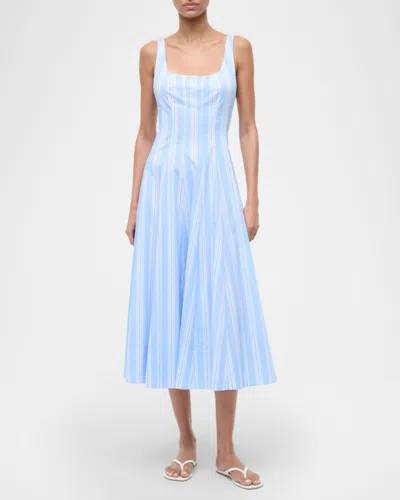 Staud Wells Paneled Striped Cotton-blend Poplin Midi Dress In Blue