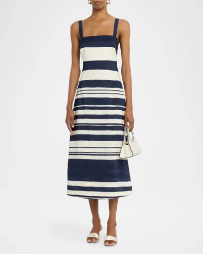 Veronica Beard Ella Striped Linen Midi Dress In Navy Dove White In Black
