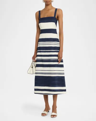 Veronica Beard Ella Striped Linen Midi Dress In Navy Dove White In Black