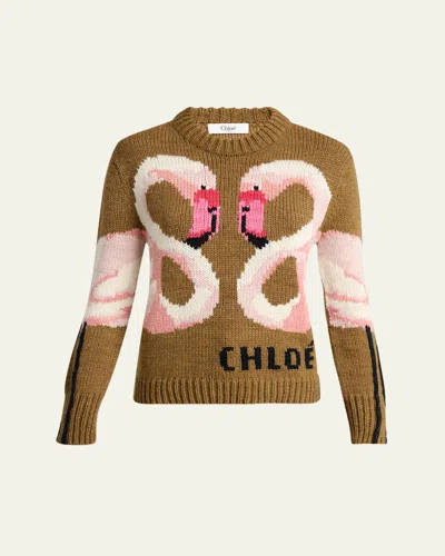 Chloé Hand Knit Flamingo Intarsia Wool Crewneck Sweater In Multi