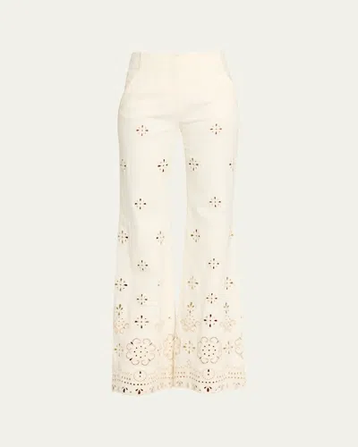 Veronica Beard Komi Eyelet Cotton Twill Flared Pants In Neutral