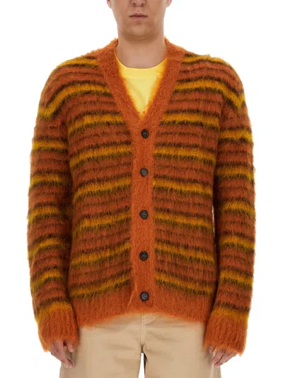 Marni Striped Mohair-blend Cardigan In Orange