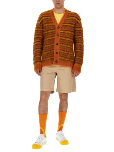 Marni Striped Mohair-blend Cardigan In Orange