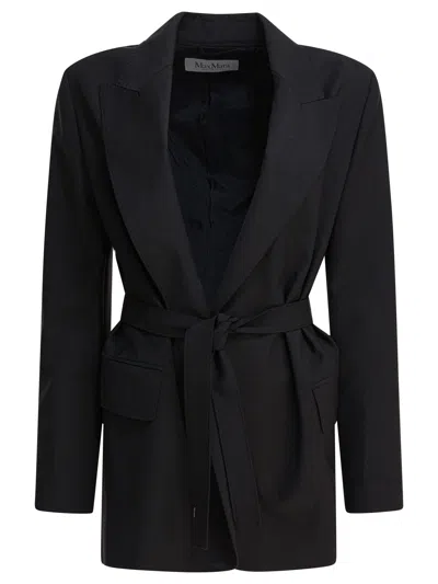 Max Mara Waist Belted Flap Pockets Notched Lapels In Black
