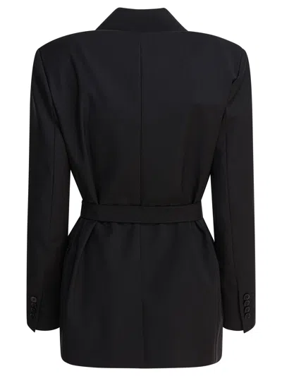 Max Mara Waist Belted Flap Pockets Notched Lapels In Black