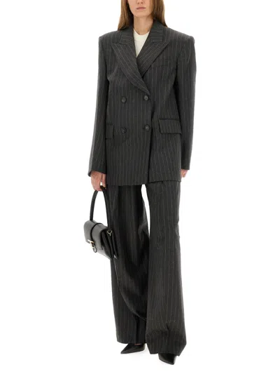 Sportmax Double-breasted Oversized Anthracite Jacket With Pinstripe Detail In Gray