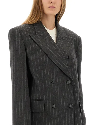 Sportmax Double-breasted Oversized Anthracite Jacket With Pinstripe Detail In Gray