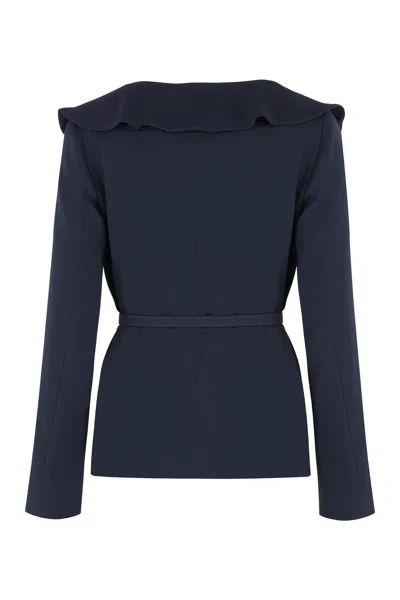 Max Mara Studio Mini Ruffled Cady Jacket With Coordinated Belt In Blue