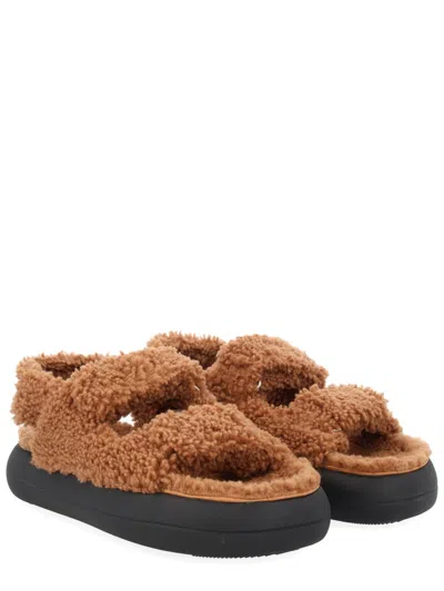 Moon Boot Shearling Double Strap Flat Sole Sandals In Brown