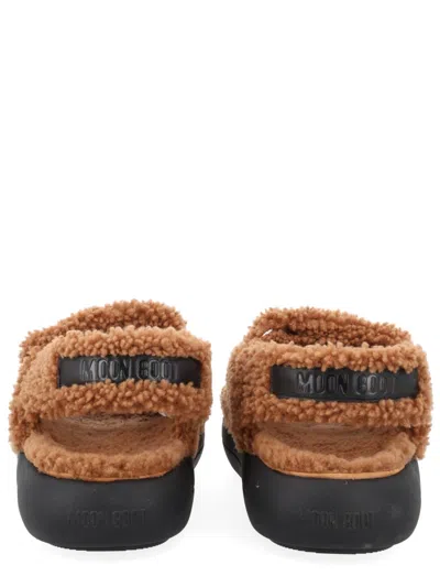 Moon Boot Shearling Double Strap Flat Sole Sandals In Brown