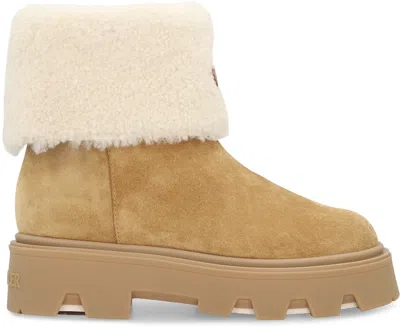 Moncler Aurea Mini Ankle Boots In Suede Leather And Shearling In Brown