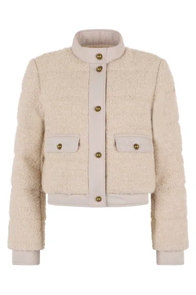 Moncler Mini Short Down Jacket In Wool Blend Boucle Loop In Brown