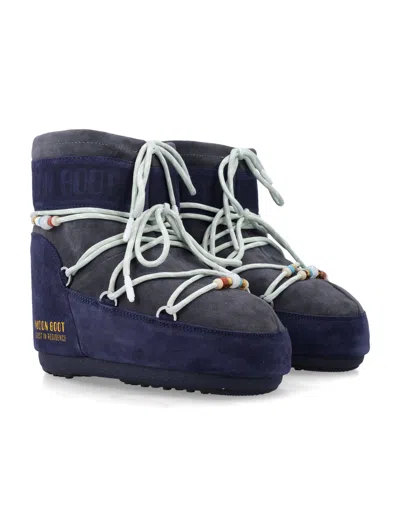 Moon Boot Mini Suede Boots With Adjustable Drawstring In Blue