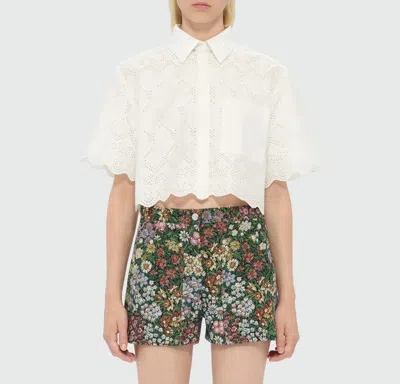 Msgm Delicate Eyelet Cropped Shirt With Scalloped Hemline In White