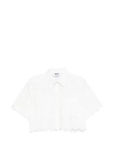 Msgm Delicate Eyelet Cropped Shirt With Scalloped Hemline In White