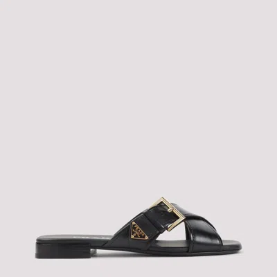 Prada Leather Crisscross Slides With Buckle Shoes In Black