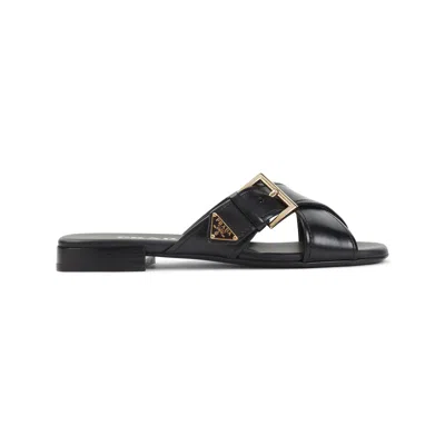 Prada Leather Crisscross Slides With Buckle Shoes In Black