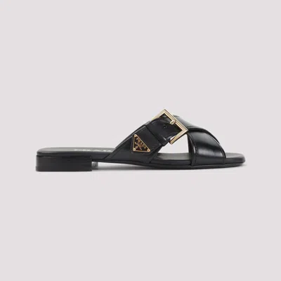 Prada Leather Crisscross Slides With Buckle Shoes In Black