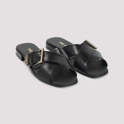 Prada Leather Crisscross Slides With Buckle Shoes In Black
