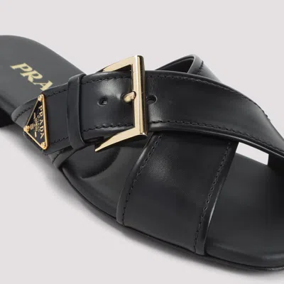 Prada Leather Crisscross Slides With Buckle Shoes In Black