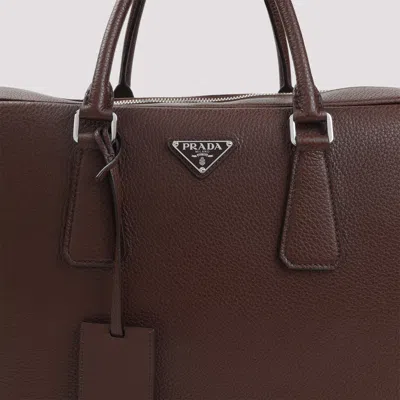 Prada Grained Leather Tote Bag In Brown