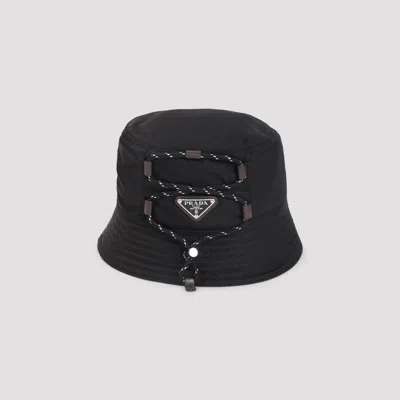 Prada Triangle Logo Drawstring Bucket Hat In Black