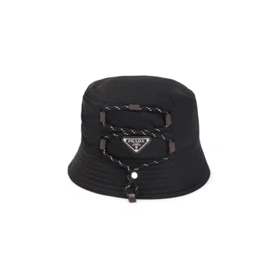 Prada Triangle Logo Drawstring Bucket Hat In Black