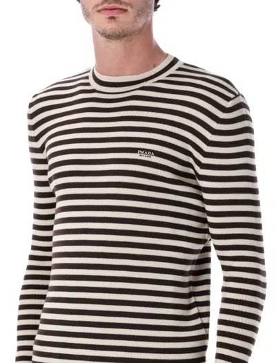 Prada Superfine Wool Striped Crew-neck Sweater In Gray