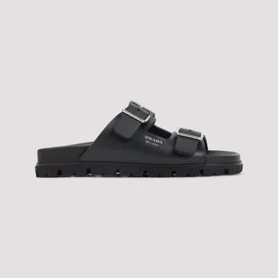 Prada Flat Sole Open Toe Leather Sandals In Black