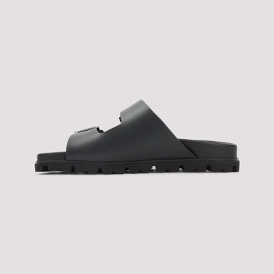 Prada Flat Sole Open Toe Leather Sandals In Black