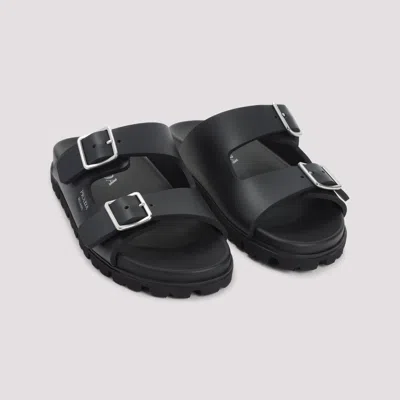 Prada Flat Sole Open Toe Leather Sandals In Black