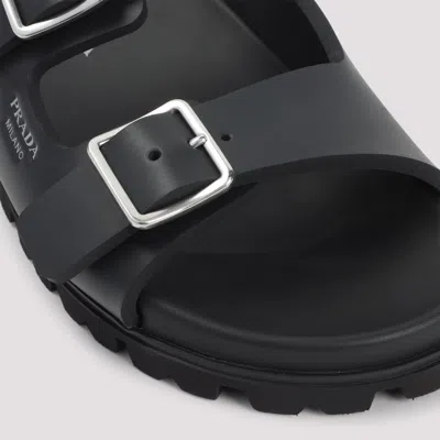 Prada Flat Sole Open Toe Leather Sandals In Black