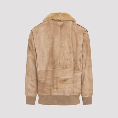 Prada Suede Bomber With Shearling Collar In Neutral