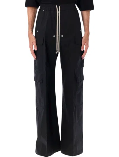 Rick Owens Heizer Belas Wide-leg Cotton-blend Poplin Drawstring Cargo Trousers In Black