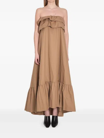 Saint Laurent Beige Cotton Serge Ruffled Dress In Brown