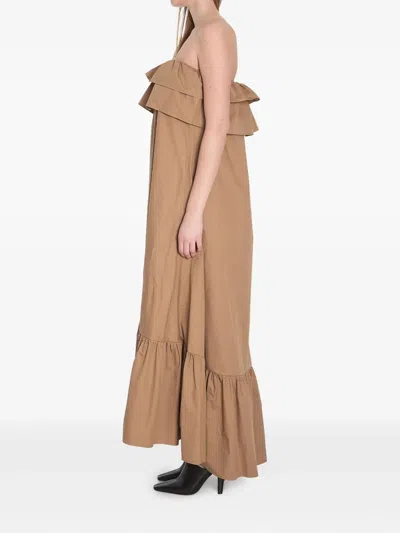 Saint Laurent Beige Cotton Serge Ruffled Dress In Brown