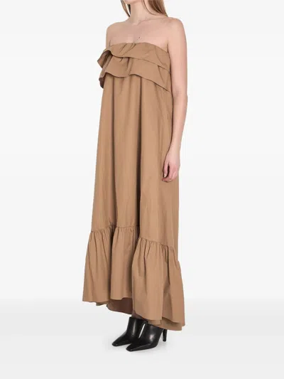 Saint Laurent Beige Cotton Serge Ruffled Dress In Brown
