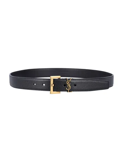 Saint Laurent Cassandre Thin Belt With Square Buckle In Grained Leather In Black