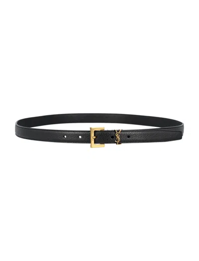Saint Laurent Cassandre Thin Belt With Square Buckle In Grained Leather In Orange