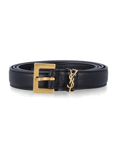 Saint Laurent Cassandre Thin Belt With Square Buckle In Grained Leather In Orange