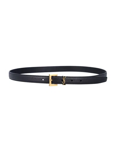 Saint Laurent Cassandre Thin Belt With Square Buckle In Grained Leather In Orange