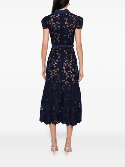 Self-portrait Guipure Blue Long Dress With Lace Design And Adjustable Waist Belt In Fabric Woman